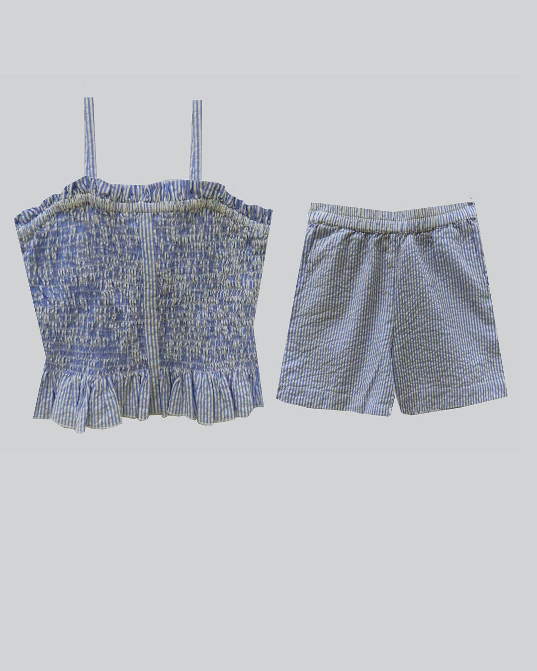 BLUE AND WHITE SMOCKING COORDINATE SET WITH SHORTS