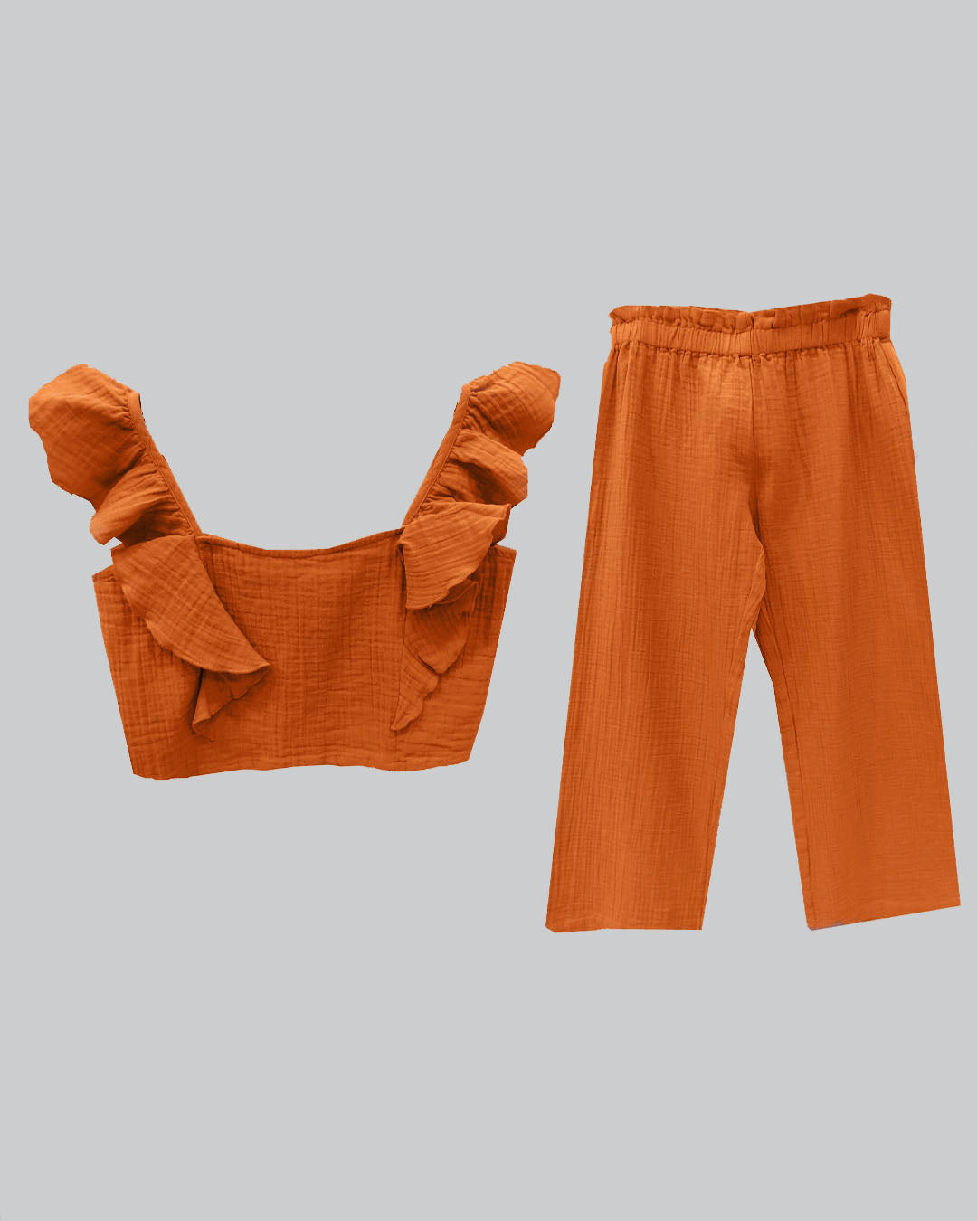 BRUNT ORANGE RUFFLED IN SOFT COTTON DOUBLE WEAVE TOP AND PANTS