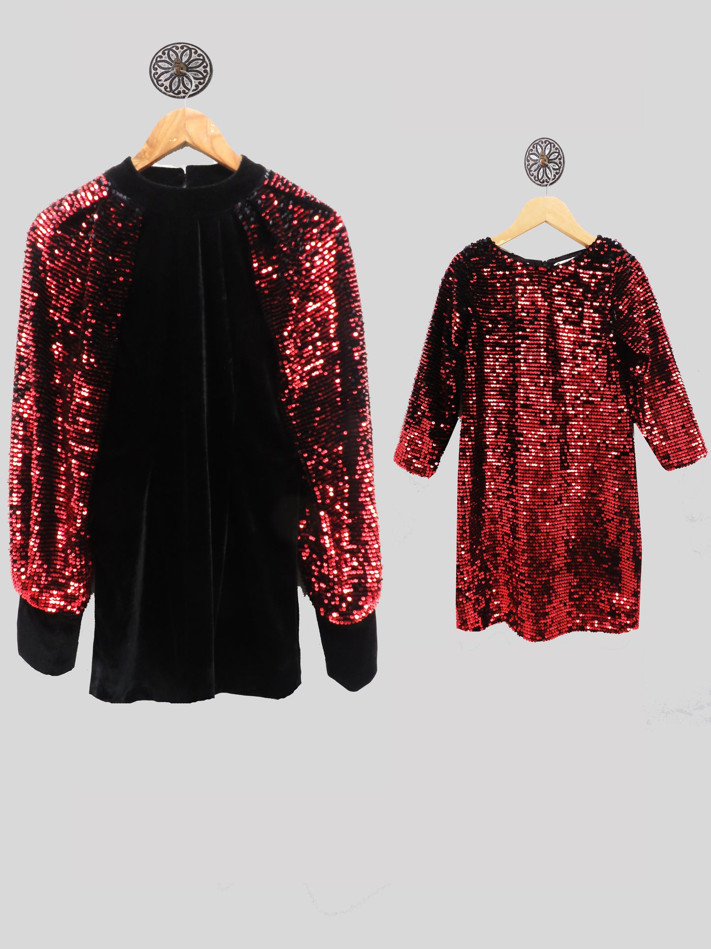 NEW YEAR's  EVE VELVET AND RED SEQUINNED TWINNING DRESSES