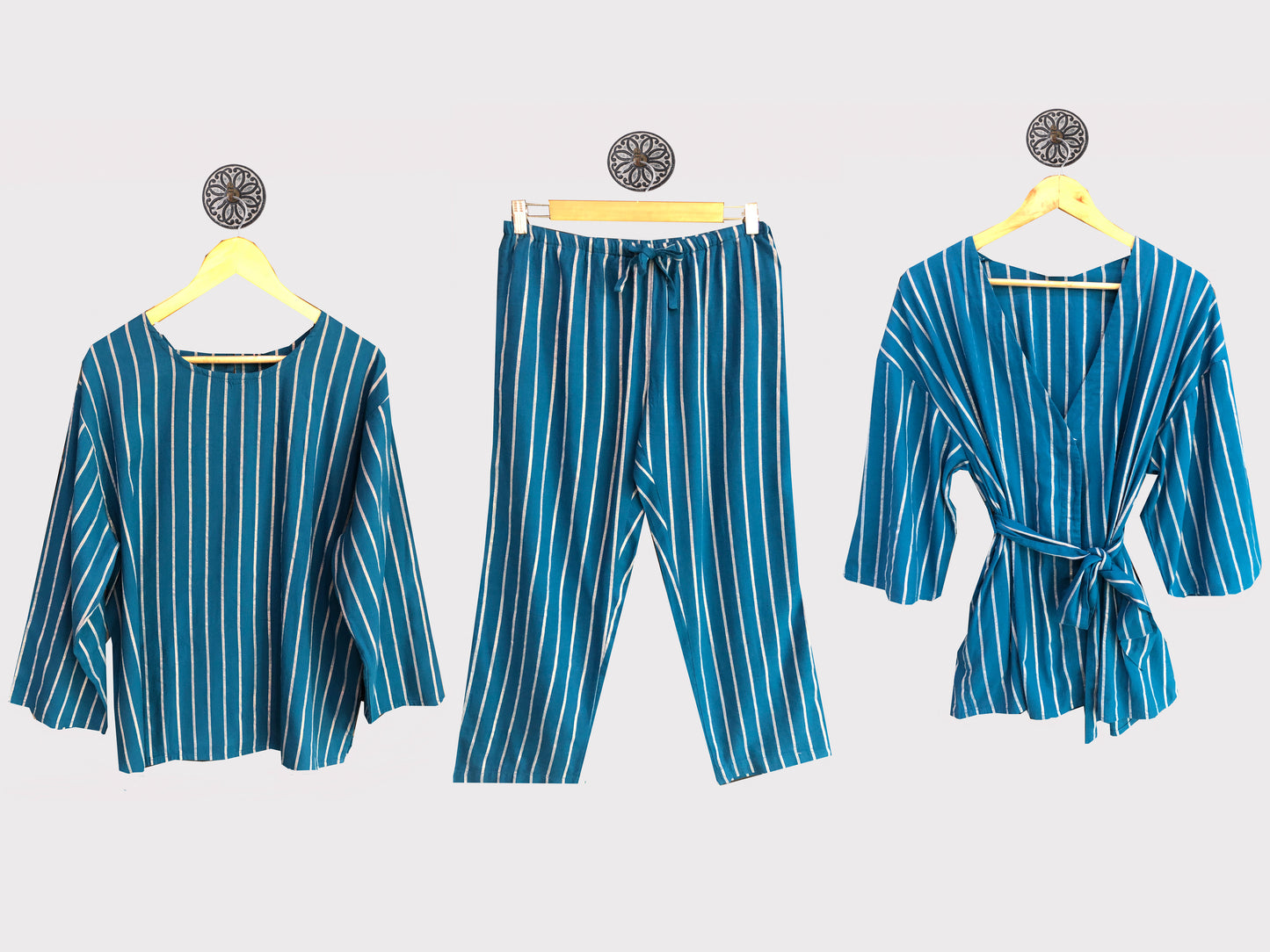 Blue Lurex Striped Co-Ord Nightsuit With Robe Has An Open Front,Three Quarter Sleeves,A Tie Up Detail On The Front