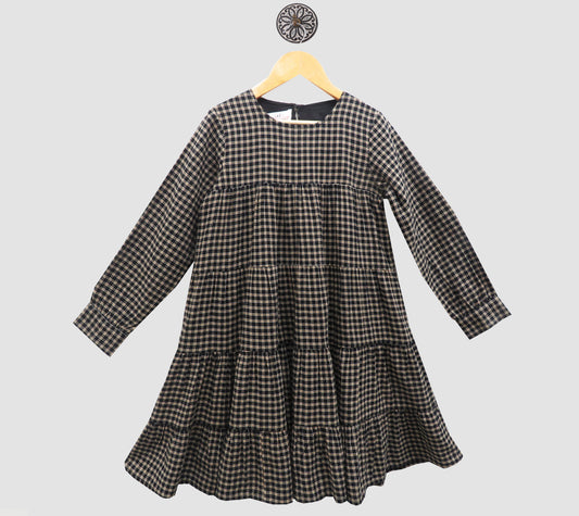 SOFT TOUCH CHECK DRESS WITH FULL SLEEVES, ROUND NECK AND A FLARED HEM