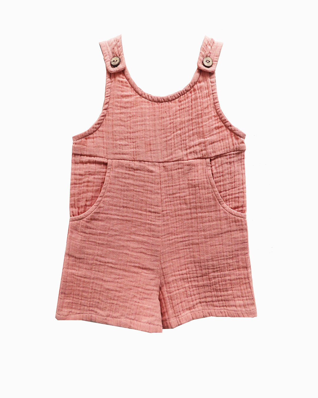 Dusty Pink Sleevless Romper Suit In Soft Cotton Double Weave With Pockets