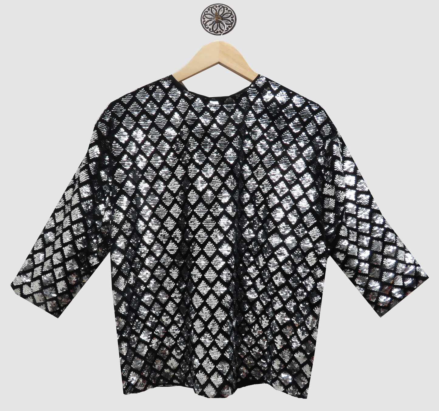 Sequin Party Black Velvet Top With A Round Neckline And 3/4 Length Sleeves