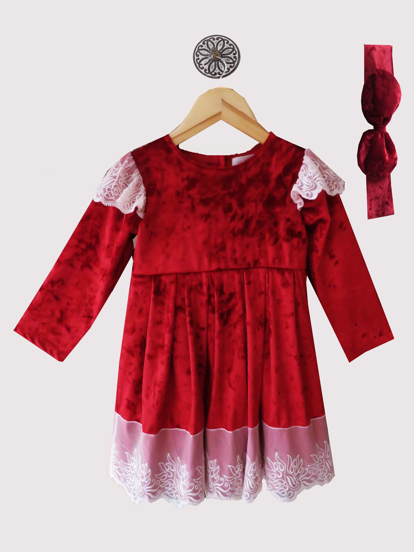 STUNNING LACE AND VELVET COMBINATION WINTER DRESS WITH HAIRBAND ( LACE SUBJECT AVAILABILITY)