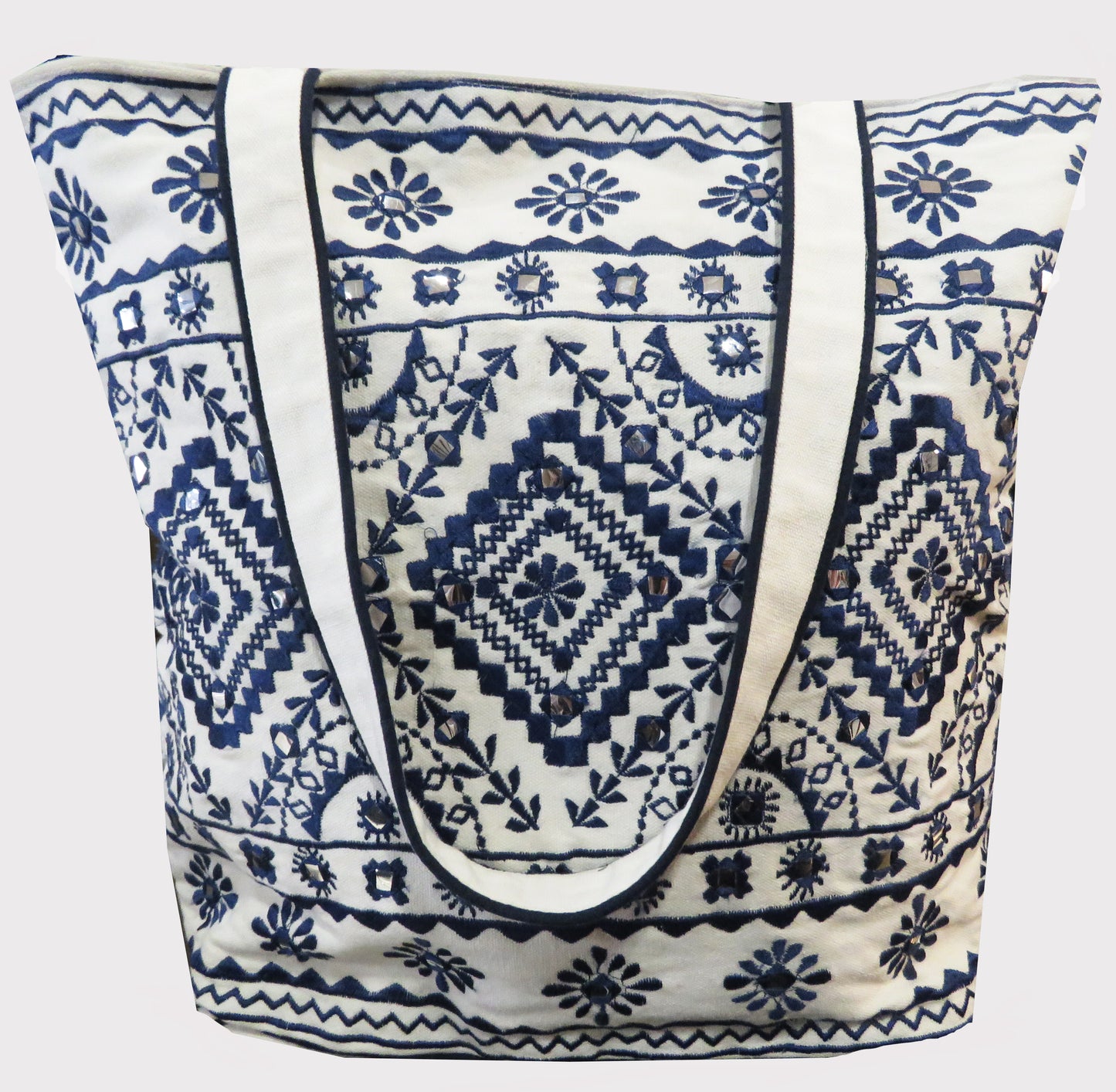 WHITE AND BLUE EMBROIDERED TOTE BAG WITH ZIP AT THE TOP