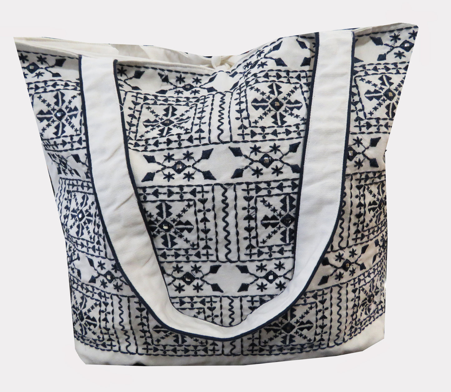White And Blue Embroidered Tote Bag  With Tie Up String At The Top