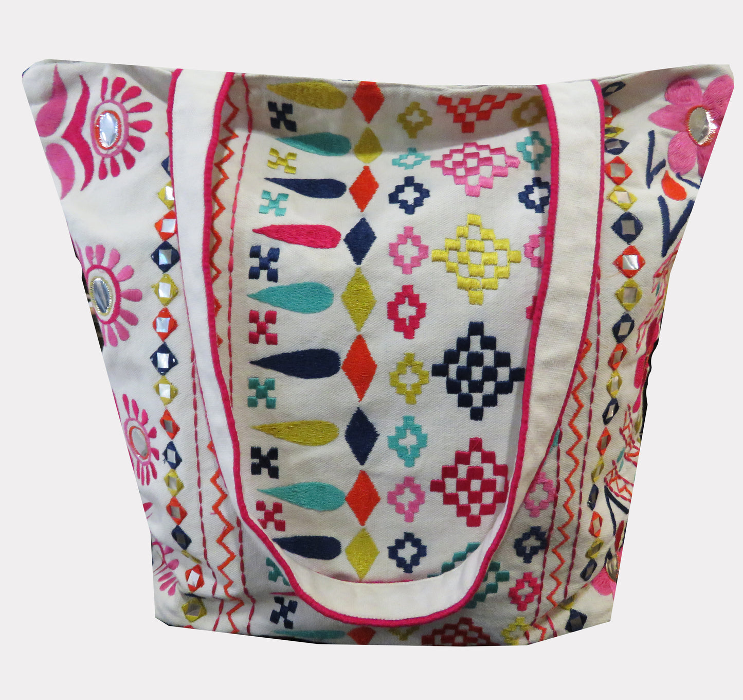 MULTICOLOUERED EMBROIDERED CANVAS TOTE BAG  WITH ZIP AT THE TOP