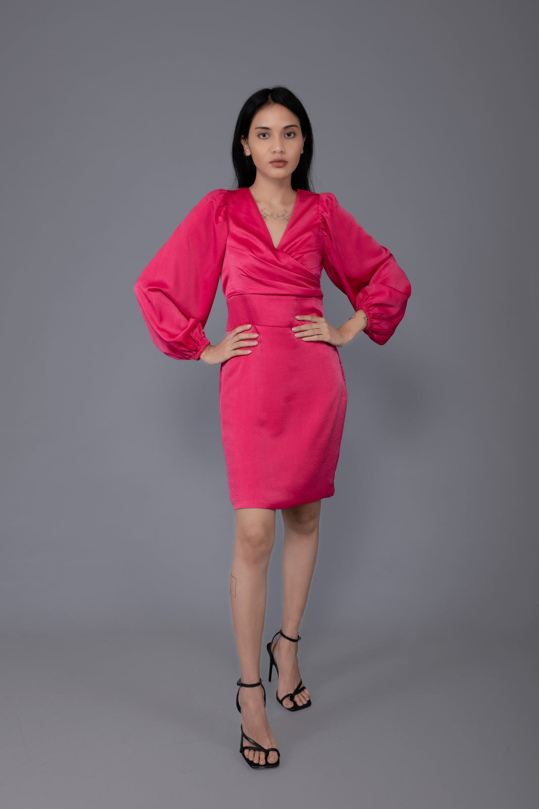 PUFF SLEEVE WITH WRAP ON FRONT BUST, PENCIL CUT MINI DRESS