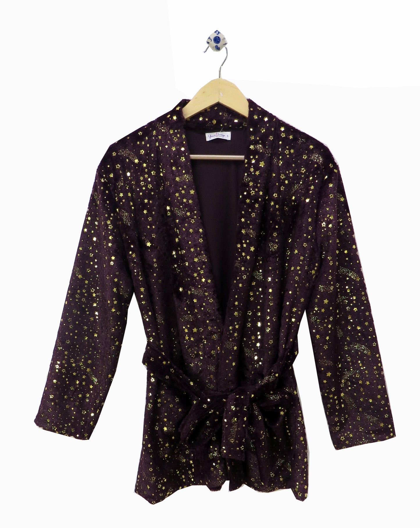 PURPLE FUR SHORT LOUNGE ROBE WITH ALL OVER PRINT AND BELT