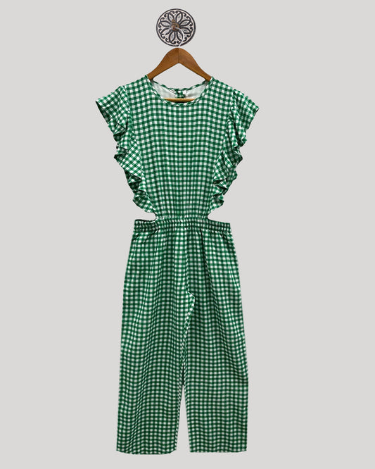 RAYON PRINTED CHECKS JUMPSUIT WITH A CUT-OUT ON THE WAIST