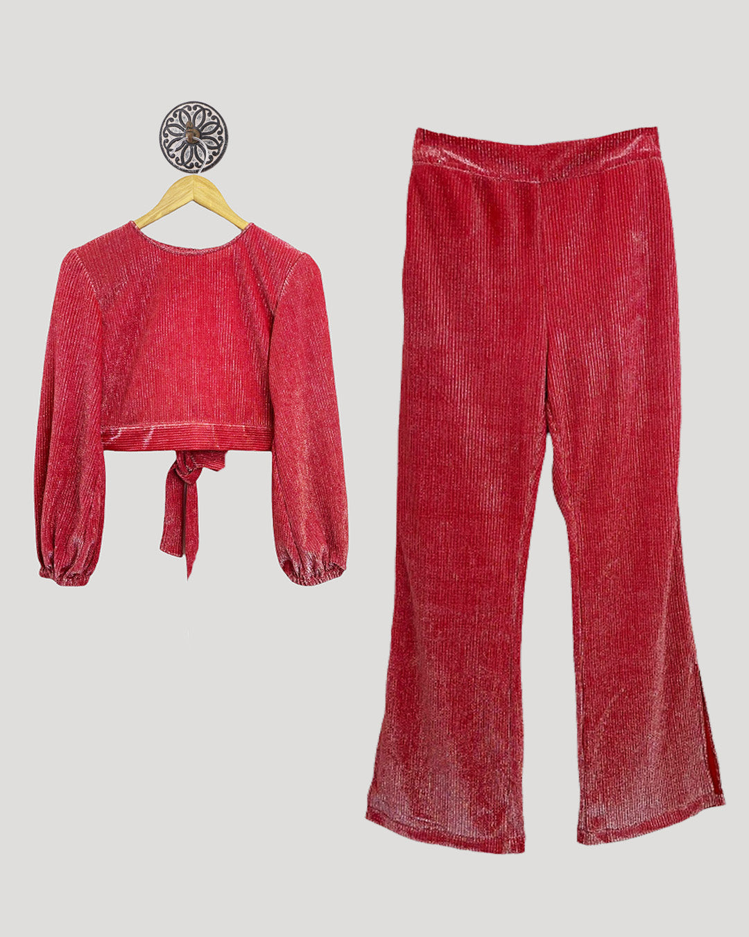 FESTIVE RED SHIMMER PLEATED COORD SET WITH TIE KNOT BACK