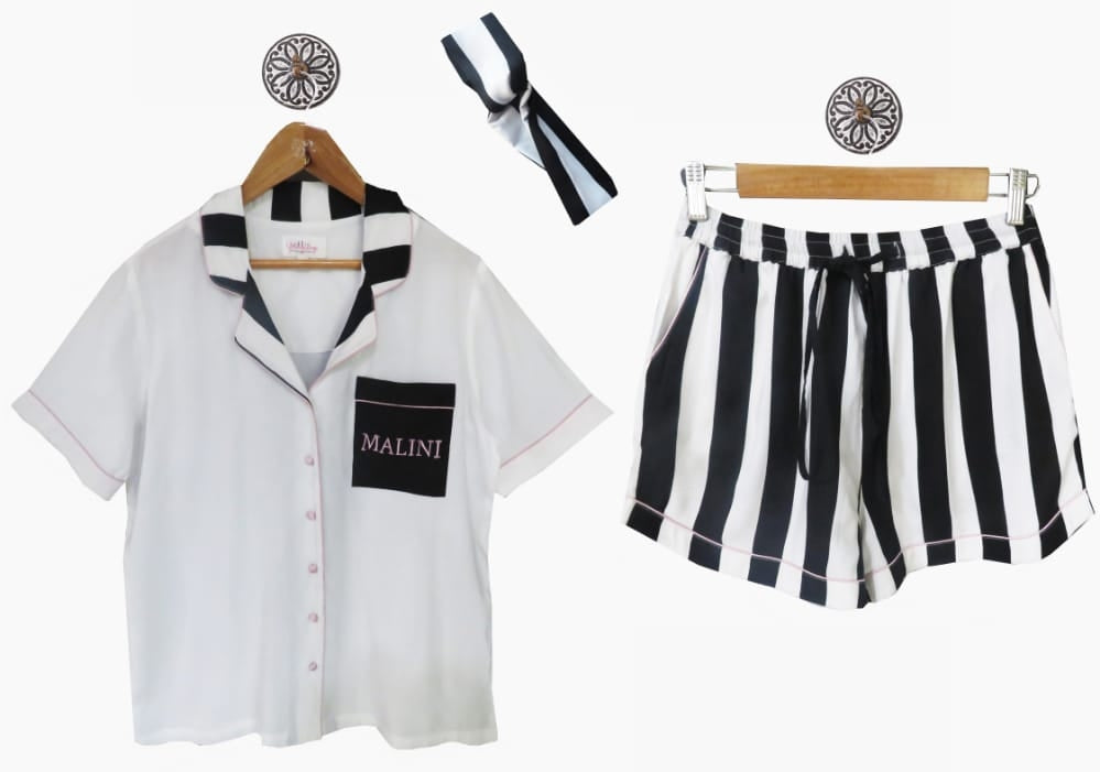 White And Black Striped Nightsuit With Hairband