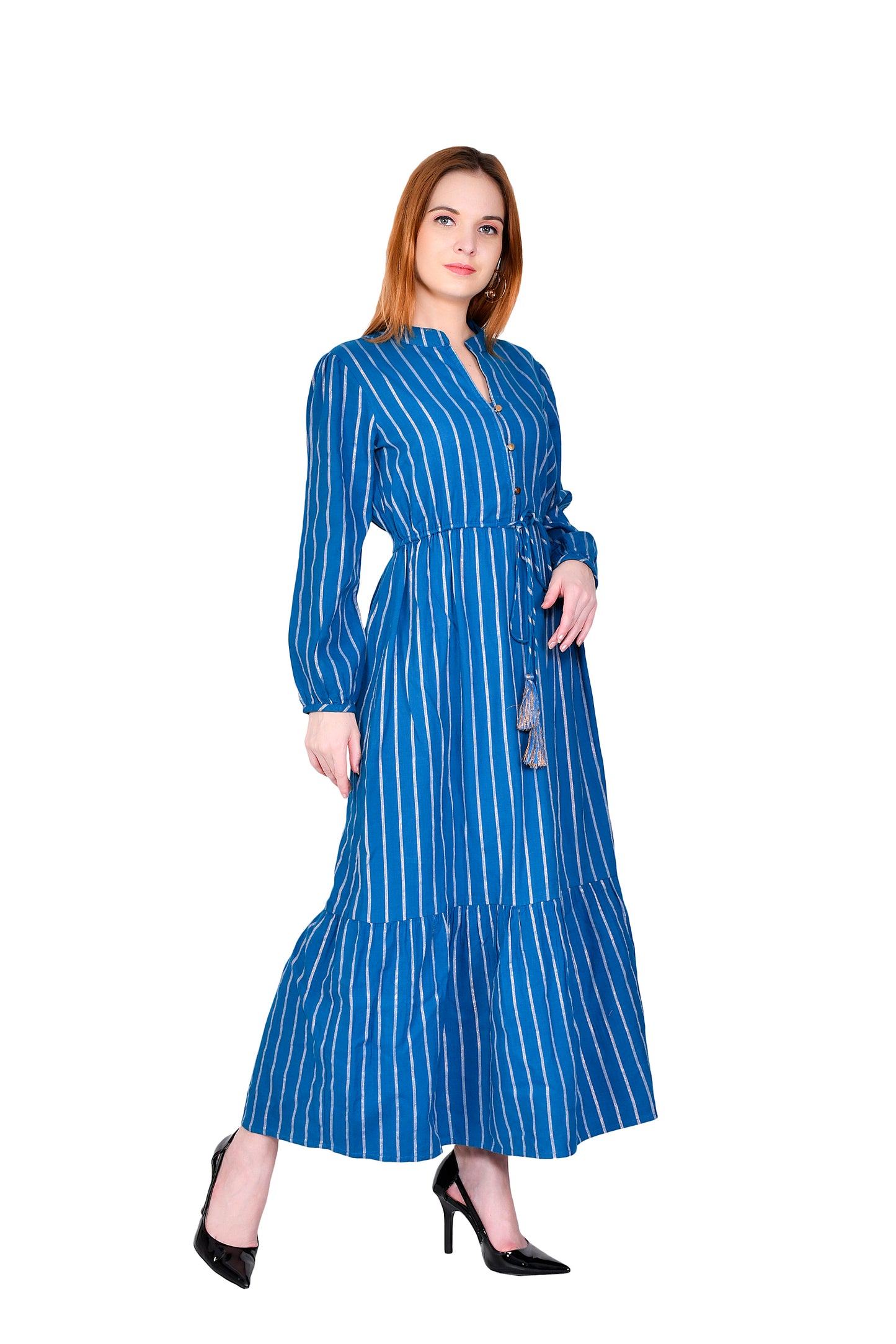 BLUE WINTER DRESS WITH MULTICOLOERED METALLIC LUREX STRIPES AND TASSELS