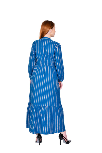 BLUE WINTER DRESS WITH MULTICOLOERED METALLIC LUREX STRIPES AND TASSELS