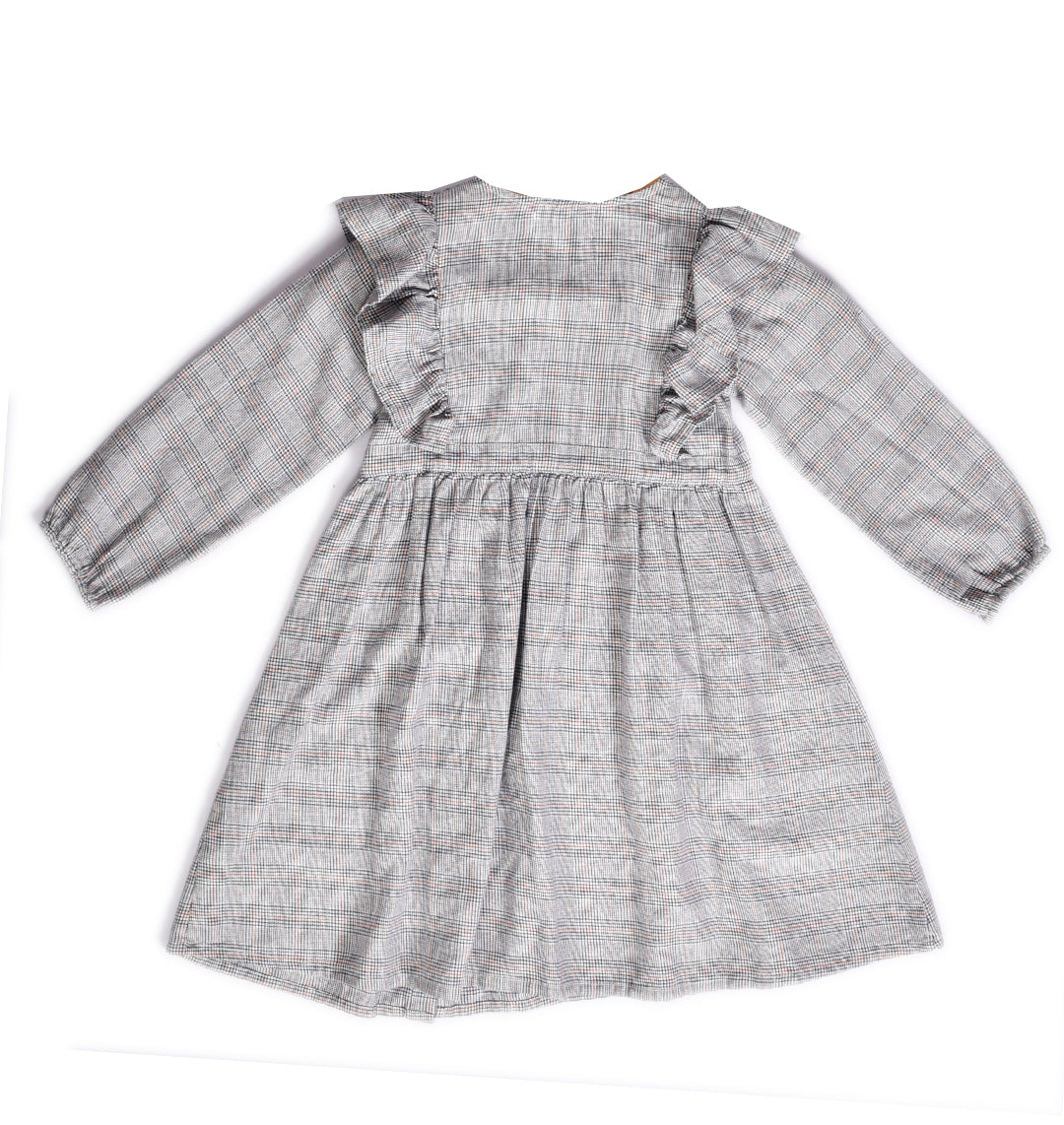 Chequered Frill Dress With One Side Buttons