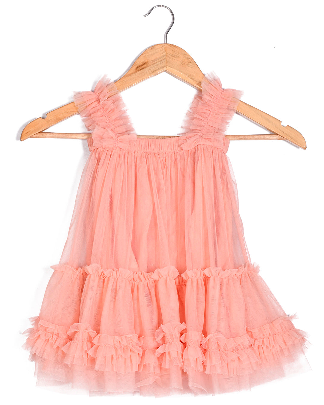 FRILLY PARTY TWINNING DRESS IN A SOFT PEACH