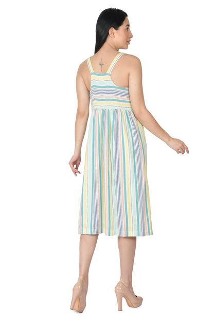 PASTEL LUREX STRIPED LADIES DRESS WITH WOODEN BUTTONS