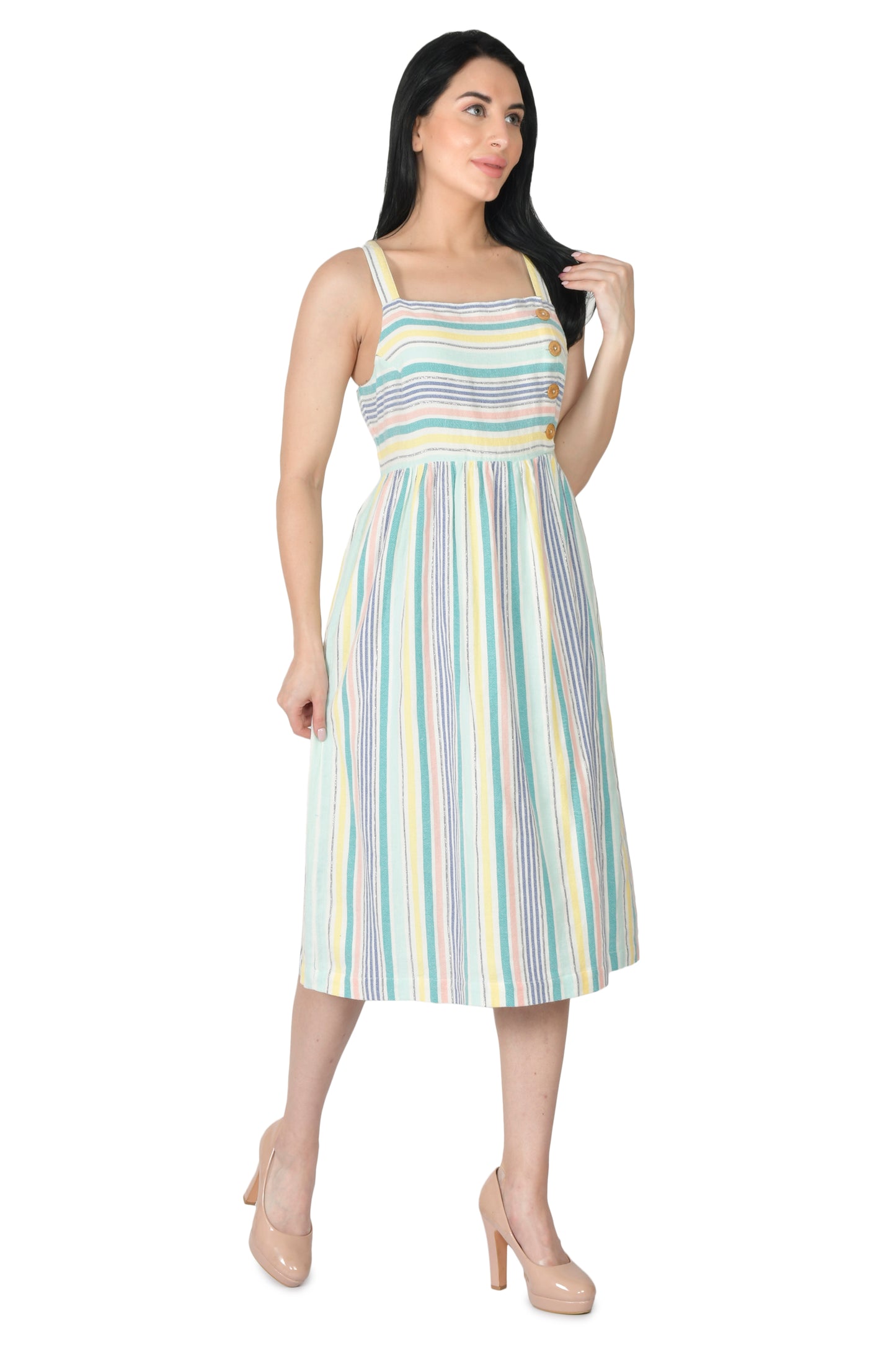 PASTEL LUREX STRIPED LADIES DRESS WITH WOODEN BUTTONS