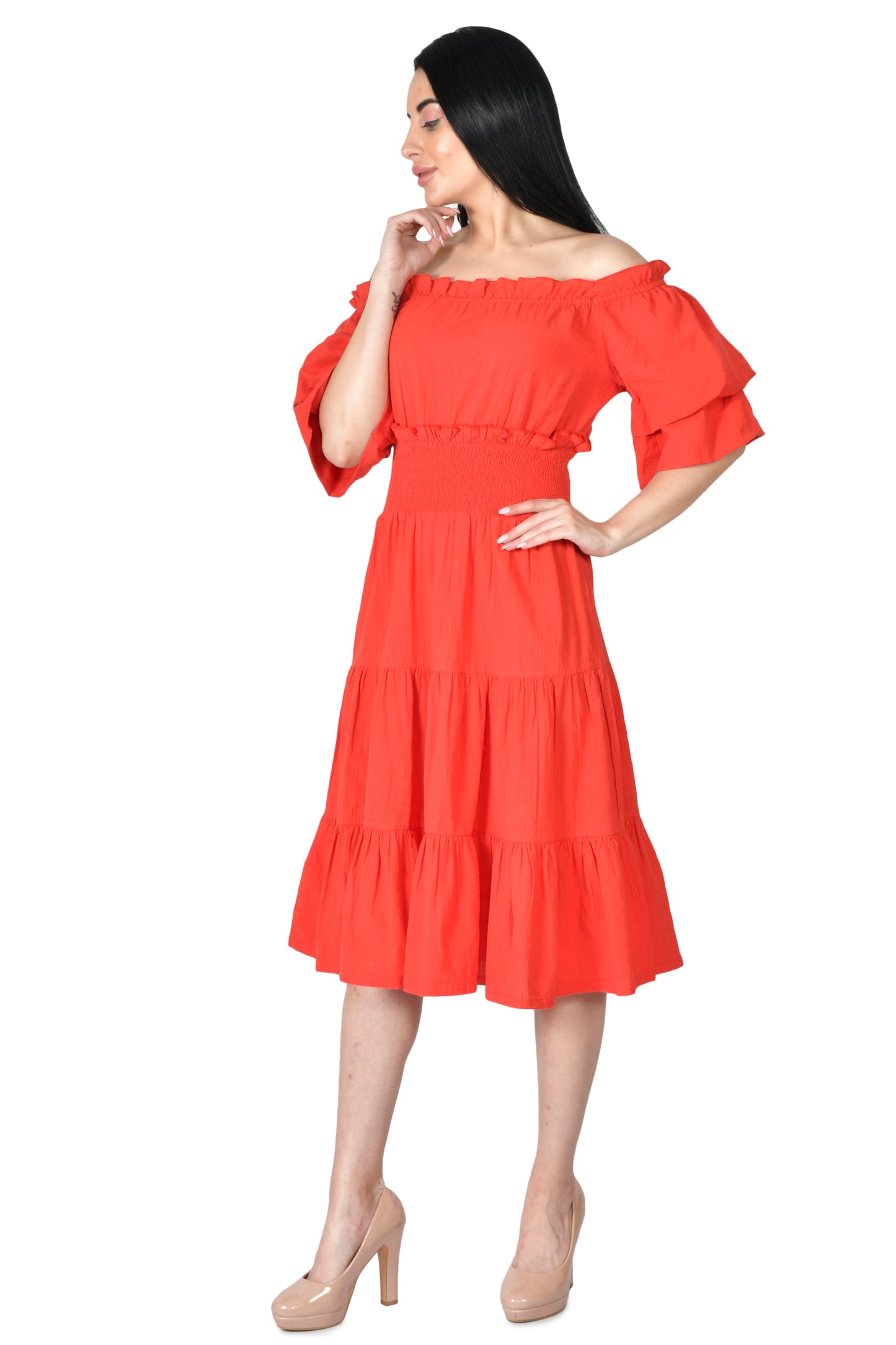 Off Shoulder Coral Red Vintage Dress
