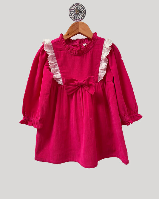 HOT PINK CORDUROY DRESS WITH LACE