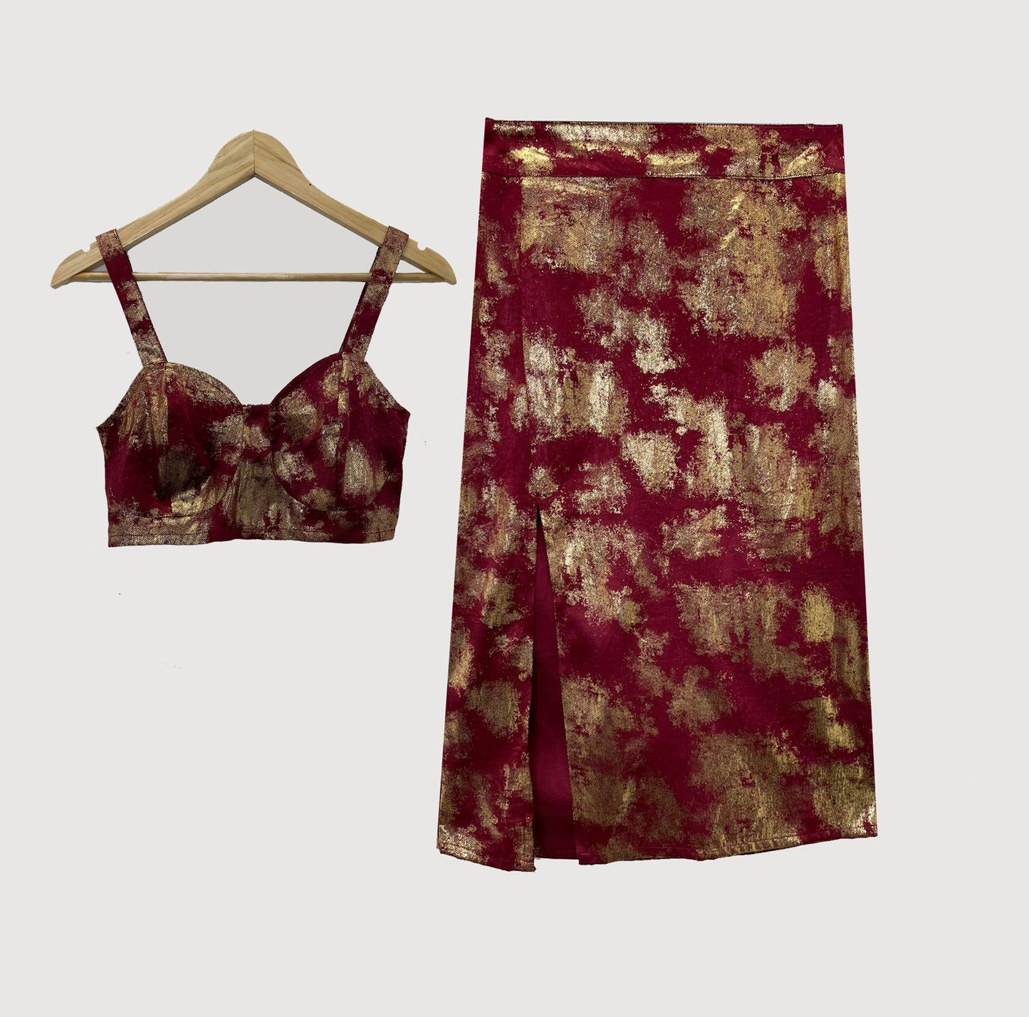 FESTIVE MAROON 3 PIECE COORD SET WITH SPLASHES OF GOLD FOIL AND FRONT SLIT SKIRT