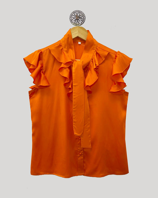 Orange Tie-Up Satin Blouse