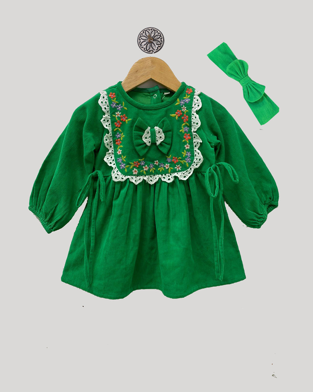 GREEN CORDUROY EMBROIDERED DRESS WITH HAIRBAND