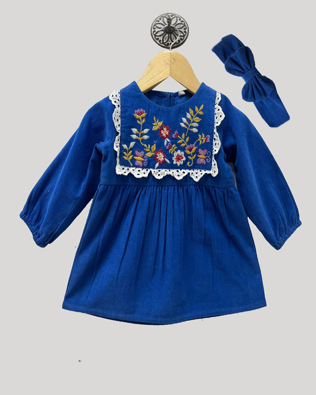 Blue Corduroy Embroidered Dress