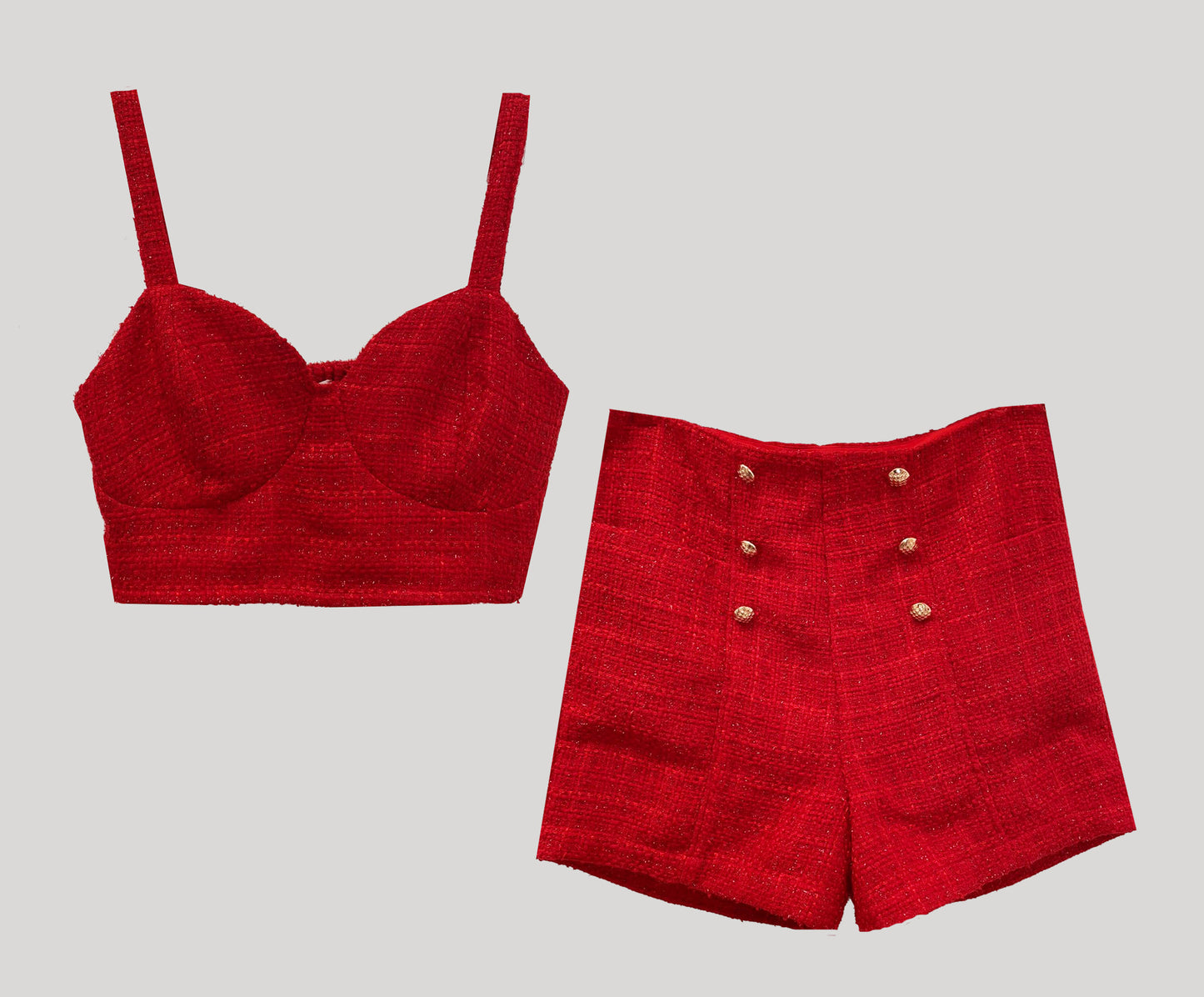 RED SHIMMER TWEED COORD SET WITH BLAZER AND SHORTS.