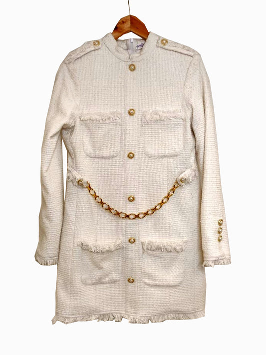 White Tweed Dress With Golden Chain And Buttons