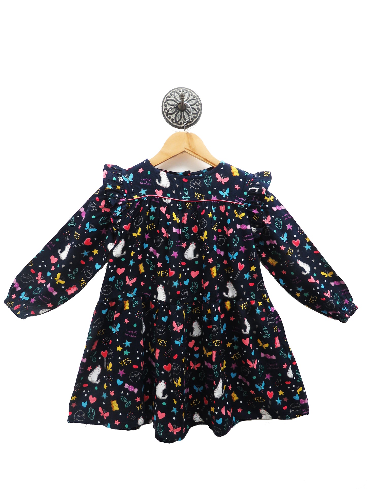 VIBRANT WINTER DRESS IN A KITTY AND CONFETI PRINT