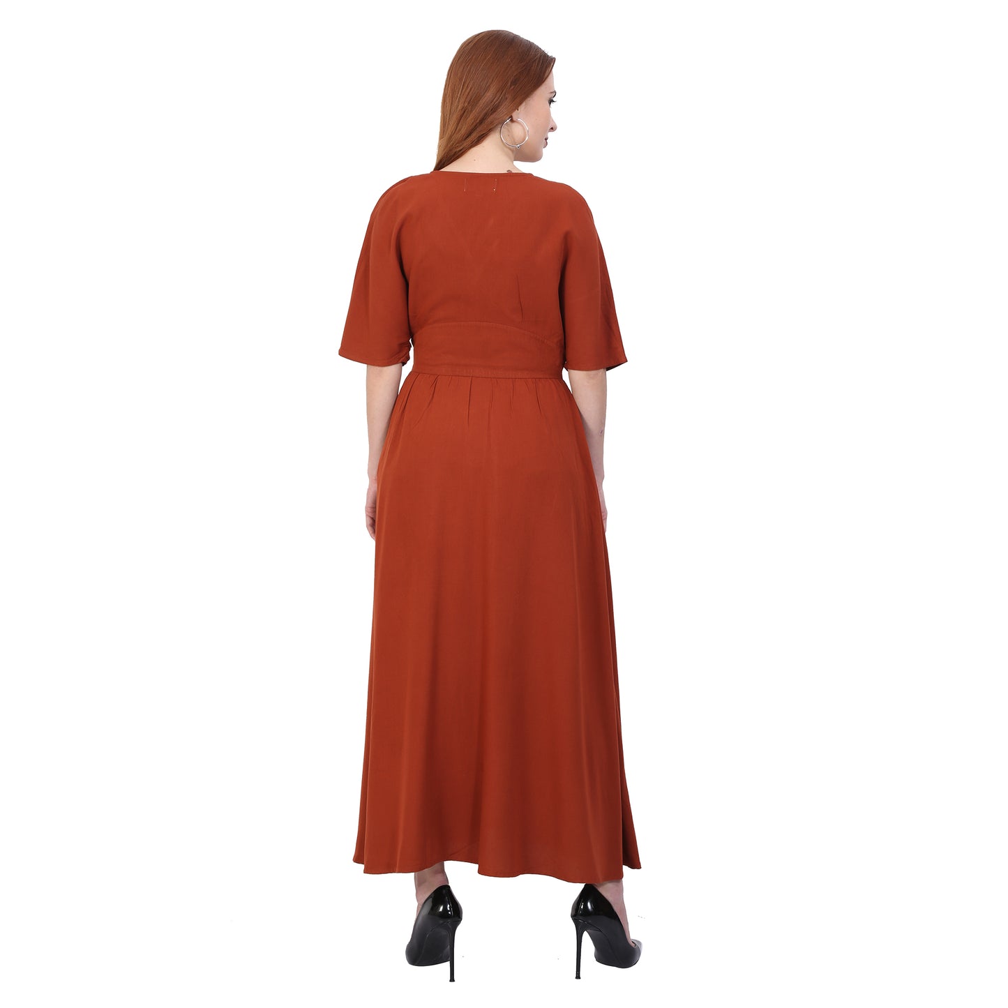 Bric Red Maxi Dress With A Check Neck Line And Elastic On The Waist