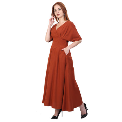 Bric Red Maxi Dress With A Check Neck Line And Elastic On The Waist