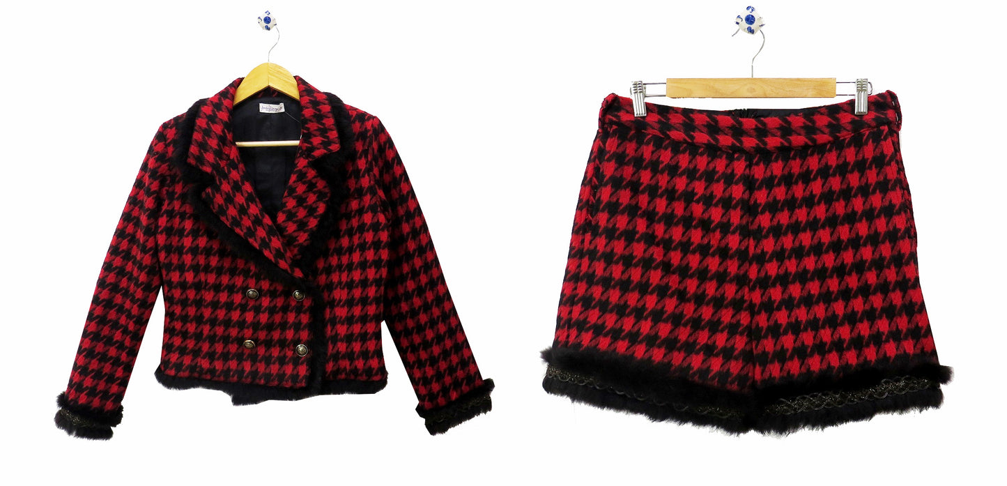 RED & BLACK HOUNDSTOOTH TWEED BUTTON SHORT BLAZER WITH SHORTS