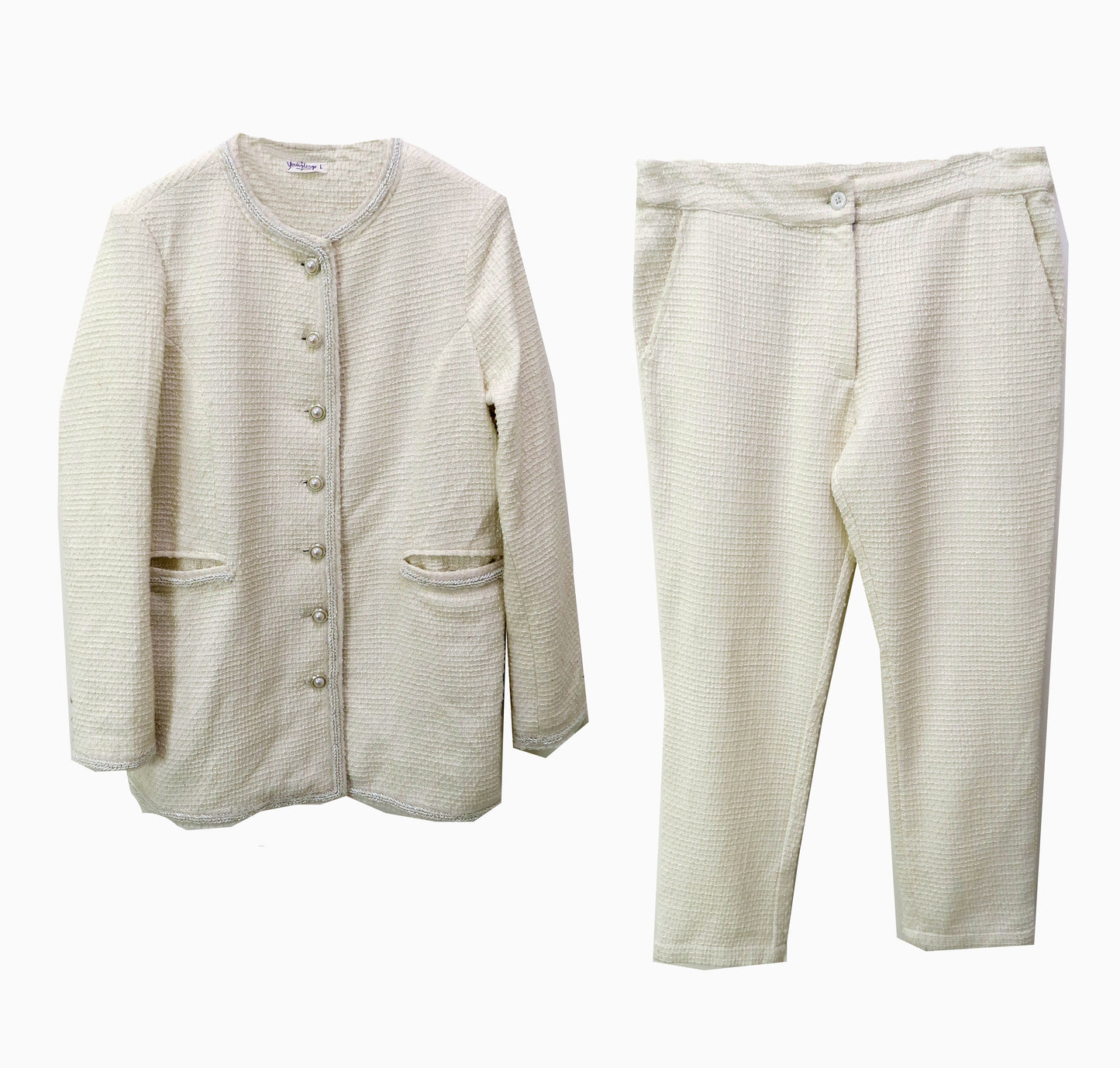 White Tweed Jacket With Embellished Laces ,  With Slim Fit Pants