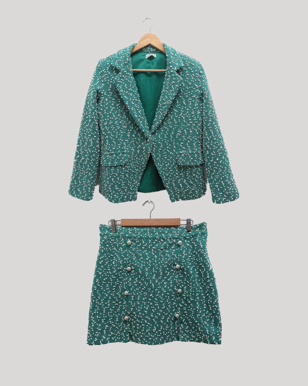 Mint Tweed Coord Set With Blazer And Skirt