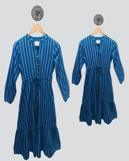 Blue Winter Dress With Metallic Lures Stripes And Tassesls